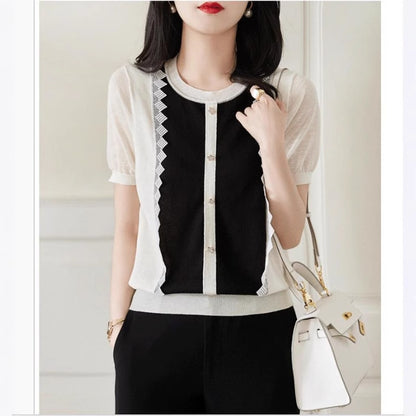 Lace Edge Stitching Button Embellished Knitted Short-sleeved Shirt For Women