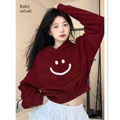 American Short Hood Wine Red Bow Sweater For Women