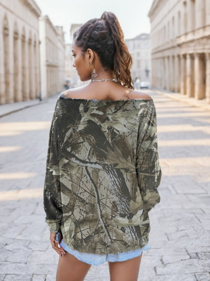 Women's Oblique Shoulder Long Sleeve Printed Casual Sweatshirt For Everyday Wear