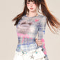 Shoulder Long Sleeve Micro-transparent Plaid T-shirt