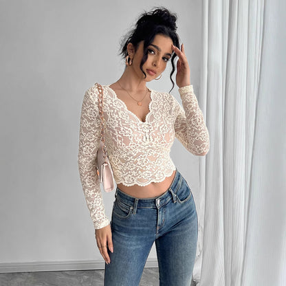 Solid Color Sexy Lace V-neck Long Sleeve T-shirt