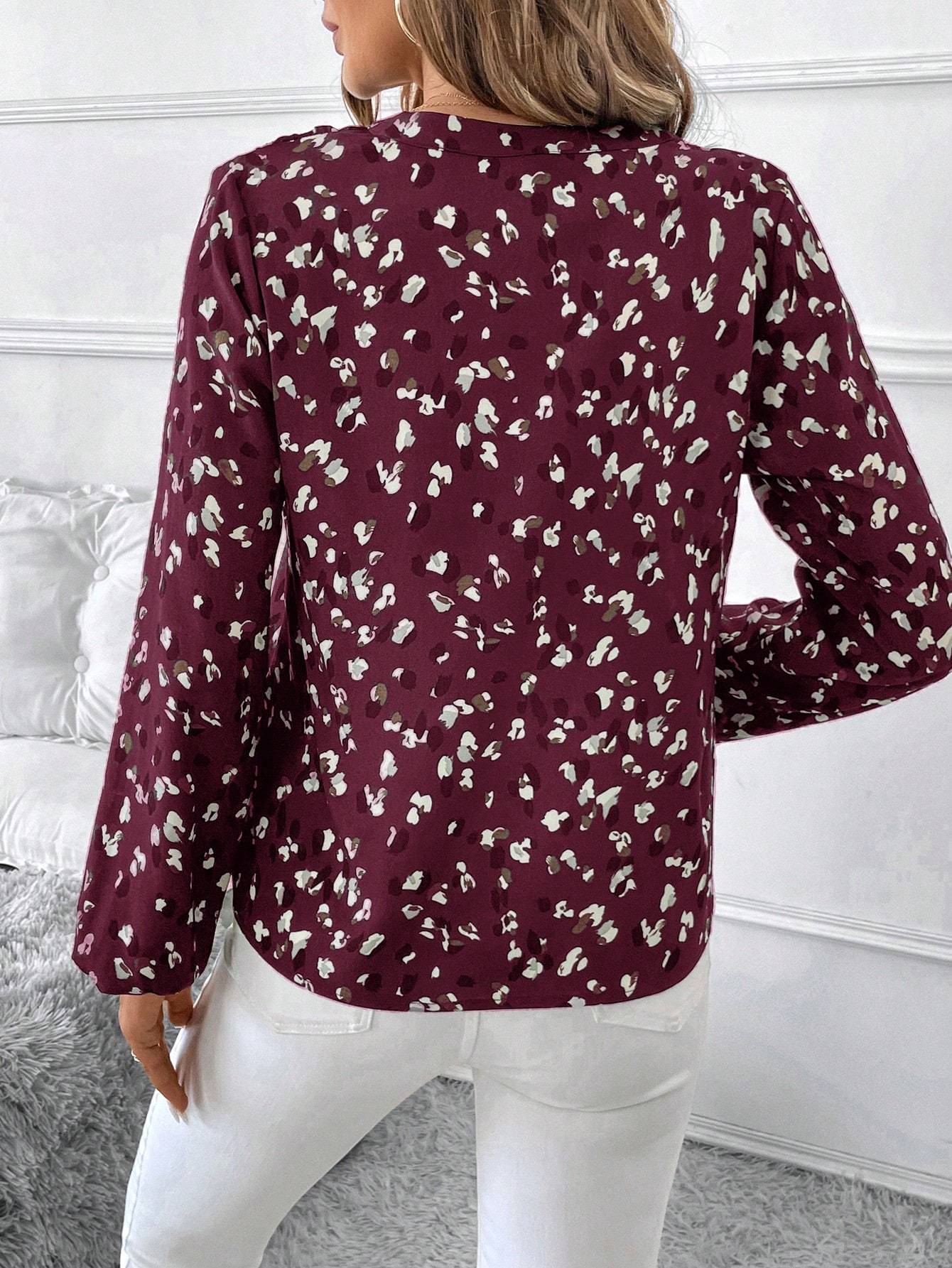 Women's V-Neck All-Over Print Elegant Long Sleeve Blouse,Long Sleeve Tops