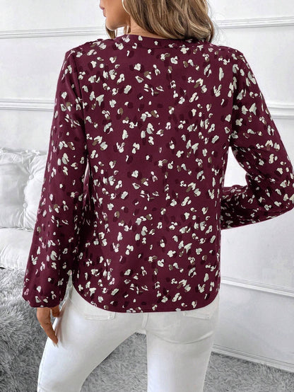 Women's V-Neck All-Over Print Elegant Long Sleeve Blouse,Long Sleeve Tops