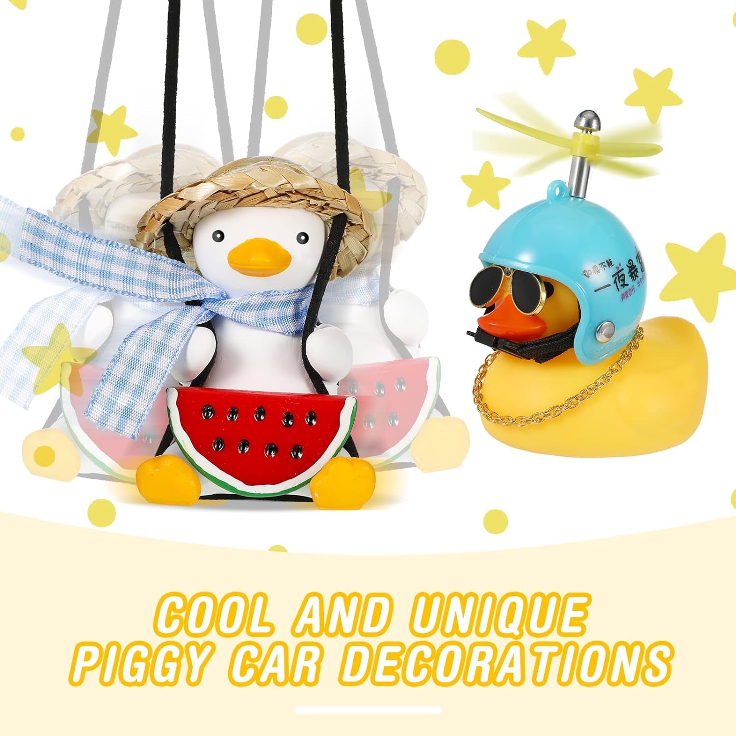 2 Pieces Swinging Duck Car Hanging Ornament Rubber Car Duck Car Ornament with Propeller Helmet Swing Duck Car Rear View Mirror Pendant Yellow Duck Car Dashboard for Car Decor(Chic Style)