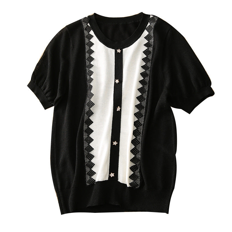 Lace Edge Stitching Button Embellished Knitted Short-sleeved Shirt For Women