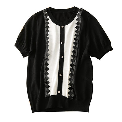Lace Edge Stitching Button Embellished Knitted Short-sleeved Shirt For Women