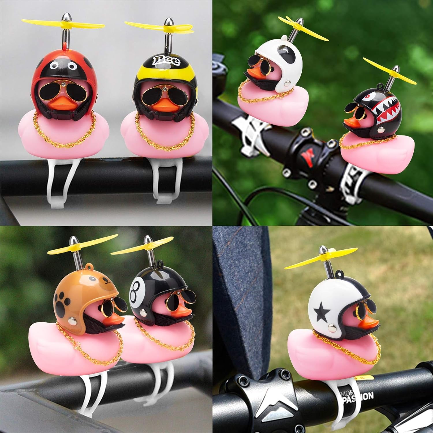 Rubber Duck Car Ornaments Pink Duck Bike Bell Cute Duck Car Dashboard Decorations Squeeze Duck Bicycle Horns with Propeller Helmet, Bandage and Gold Chain