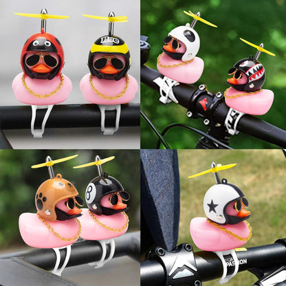 Rubber Duck Car Ornaments Pink Duck Bike Bell Cute Duck Car Dashboard Decorations Squeeze Duck Bicycle Horns with Propeller Helmet, Bandage and Gold Chain