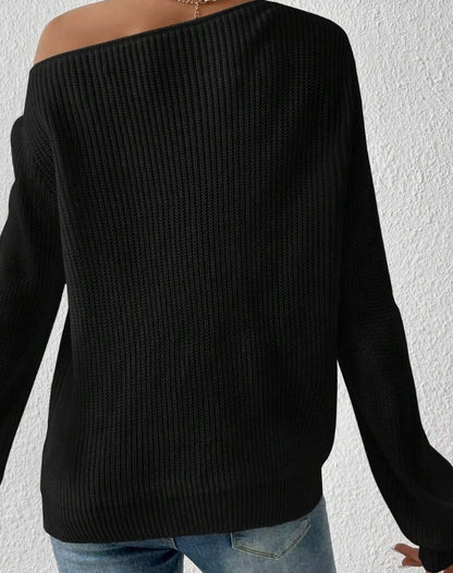 Solid Ribbed Knit Asymmetrical Shoulder Sweater,Long Sleeve Tops