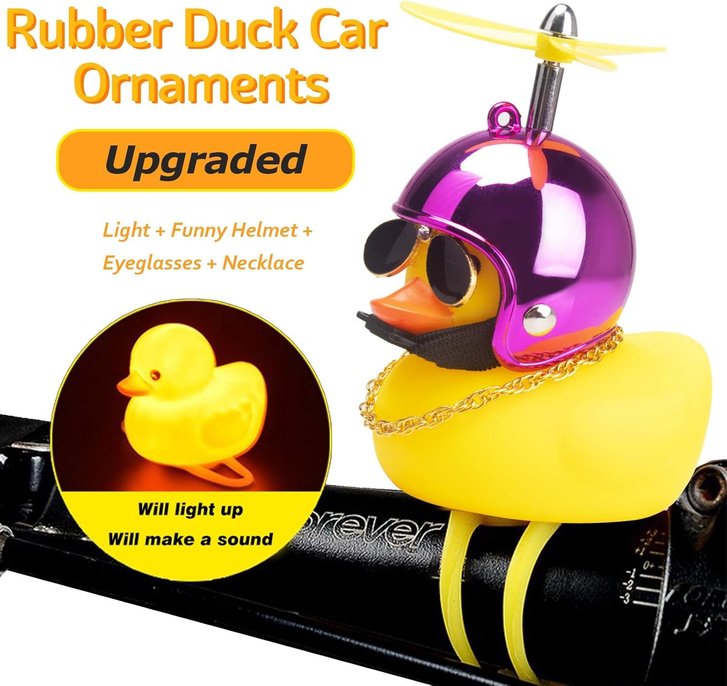 Rubber Duck Car Ornaments, 2Pcs Yellow Duck Car Dashboard Decorations Squeeze Duck Bicycle Horns with Propeller Helmet
