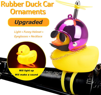 Rubber Duck Car Ornaments, 2Pcs Yellow Duck Car Dashboard Decorations Squeeze Duck Bicycle Horns with Propeller Helmet