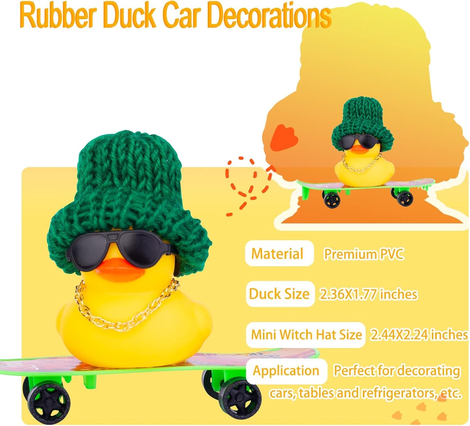 Winter Duck Car Ornament, Rubber Duck Car Decoration Accessories with Mini Hat, Sunglasses, Necklace and Skateboard