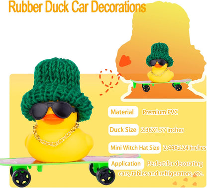 Winter Duck Car Ornament, Rubber Duck Car Decoration Accessories with Mini Hat, Sunglasses, Necklace and Skateboard