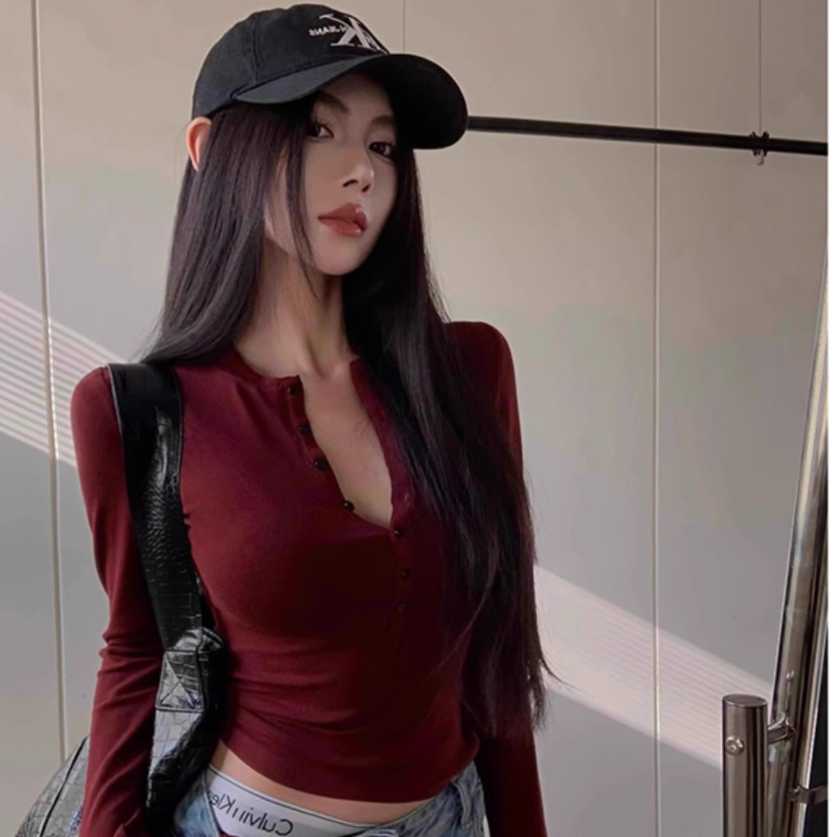 Half-open Collar Inner Bottoming Shirt Women's Long-sleeved Top