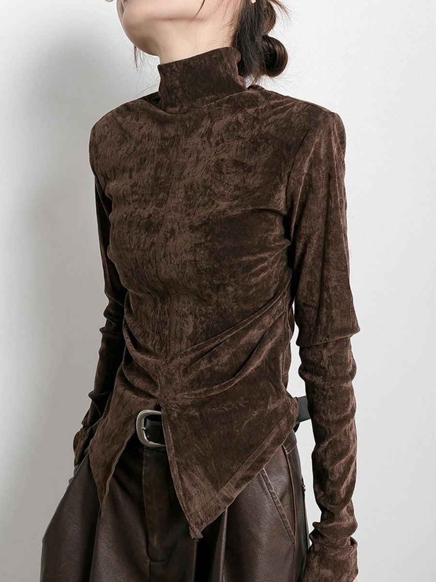 Velvet Half Turtleneck T-shirt Base Shirt Slit Hemline At Hem Solid Color Top
