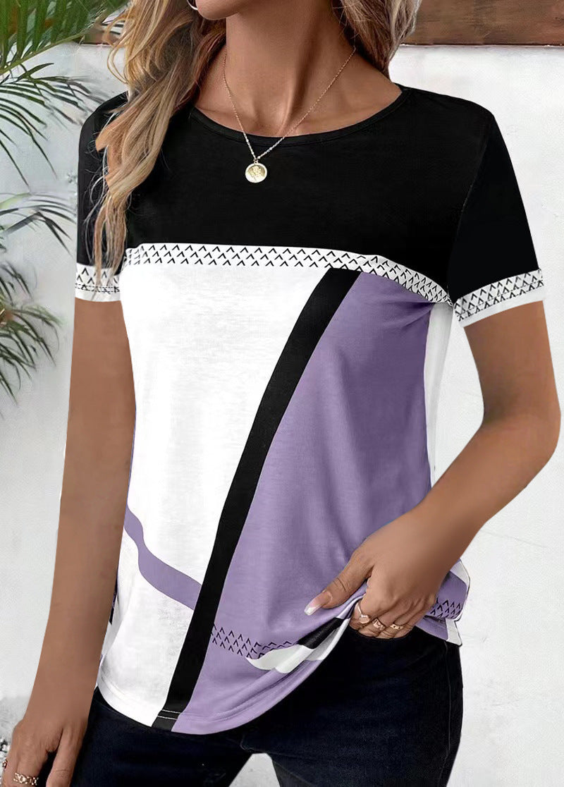 Women's Multi-color Digital Multicolor Printing Geometric Printed Short-sleeved T-shirt
