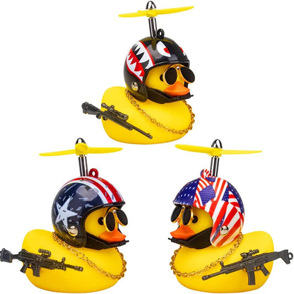 3 Pack Car Rubber Duck Cute Yellow Wind-Breaking Ducks Dashboard Decorations Small Ornaments with Propellers Glasses Gold Chain (Yellow-Stars and Stripes&Flag&Shark)