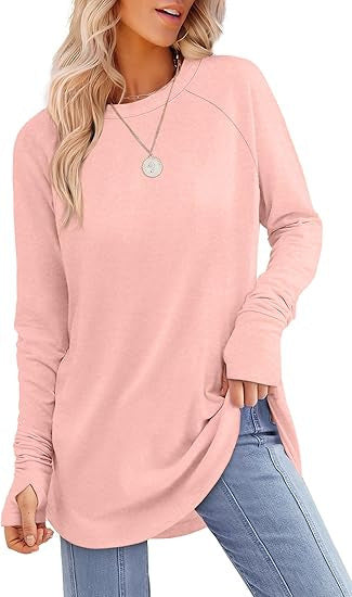 Women's Round Neck Solid Color Refers To Long Sleeved Top Loose Mid Length T-shirt
