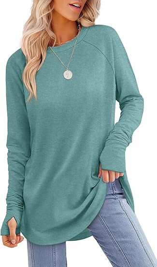 Women's Round Neck Solid Color Refers To Long Sleeved Top Loose Mid Length T-shirt