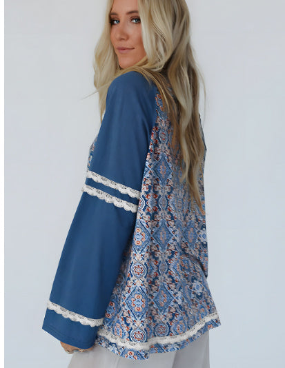 Blue Geometric Printed Lace Patchwork Ric Rac Raglan Long Sleeve Top