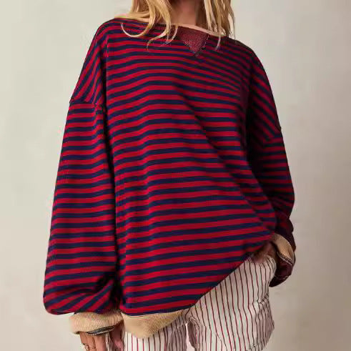 Striped Round Neck Contrast Color Loose Long Sleeve Sweatershirt