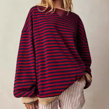 Striped Round Neck Contrast Color Loose Long Sleeve Sweatershirt