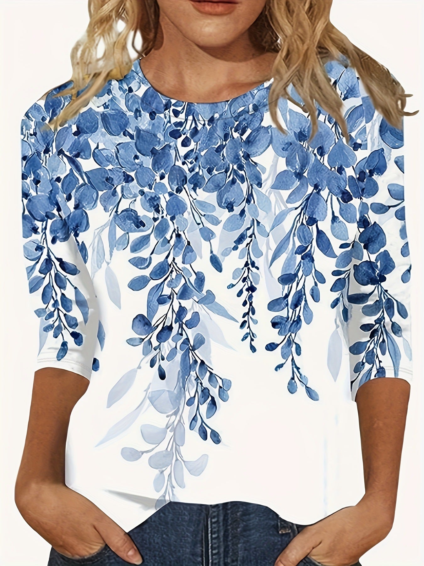 European And American Flower Plant Printed Round Neck Long Sleeve