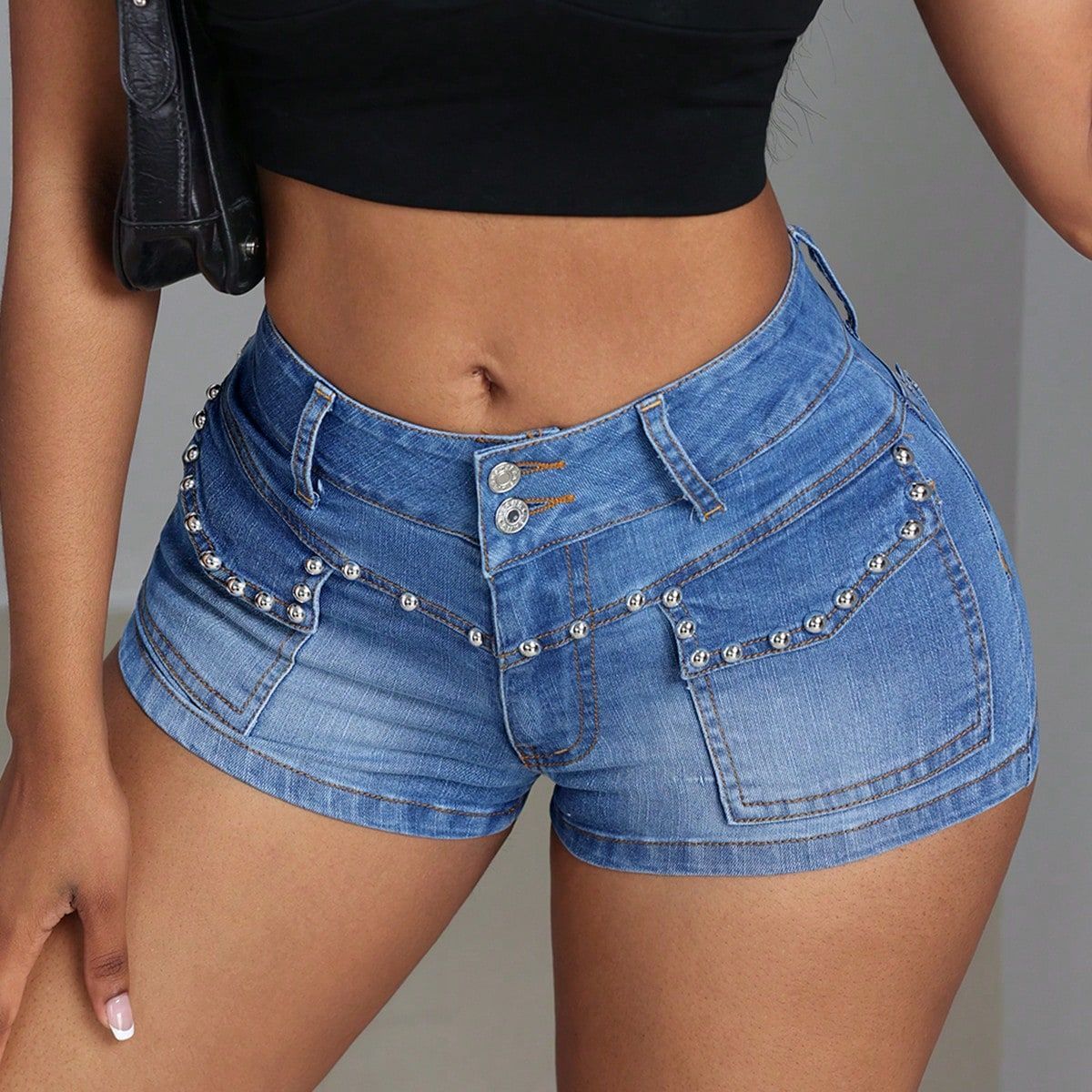Mid-low Waist Beaded Mid-elastic Denim Shorts