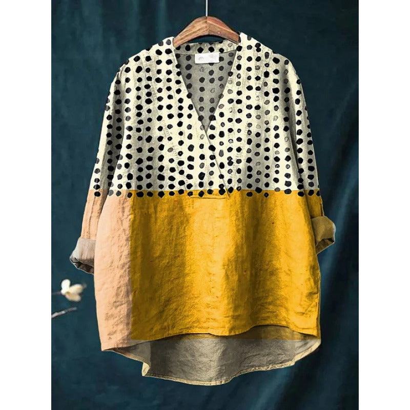 Lapel Long Sleeve Shirt Retro Line Polka Dot Top