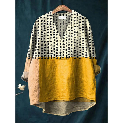 Lapel Long Sleeve Shirt Retro Line Polka Dot Top