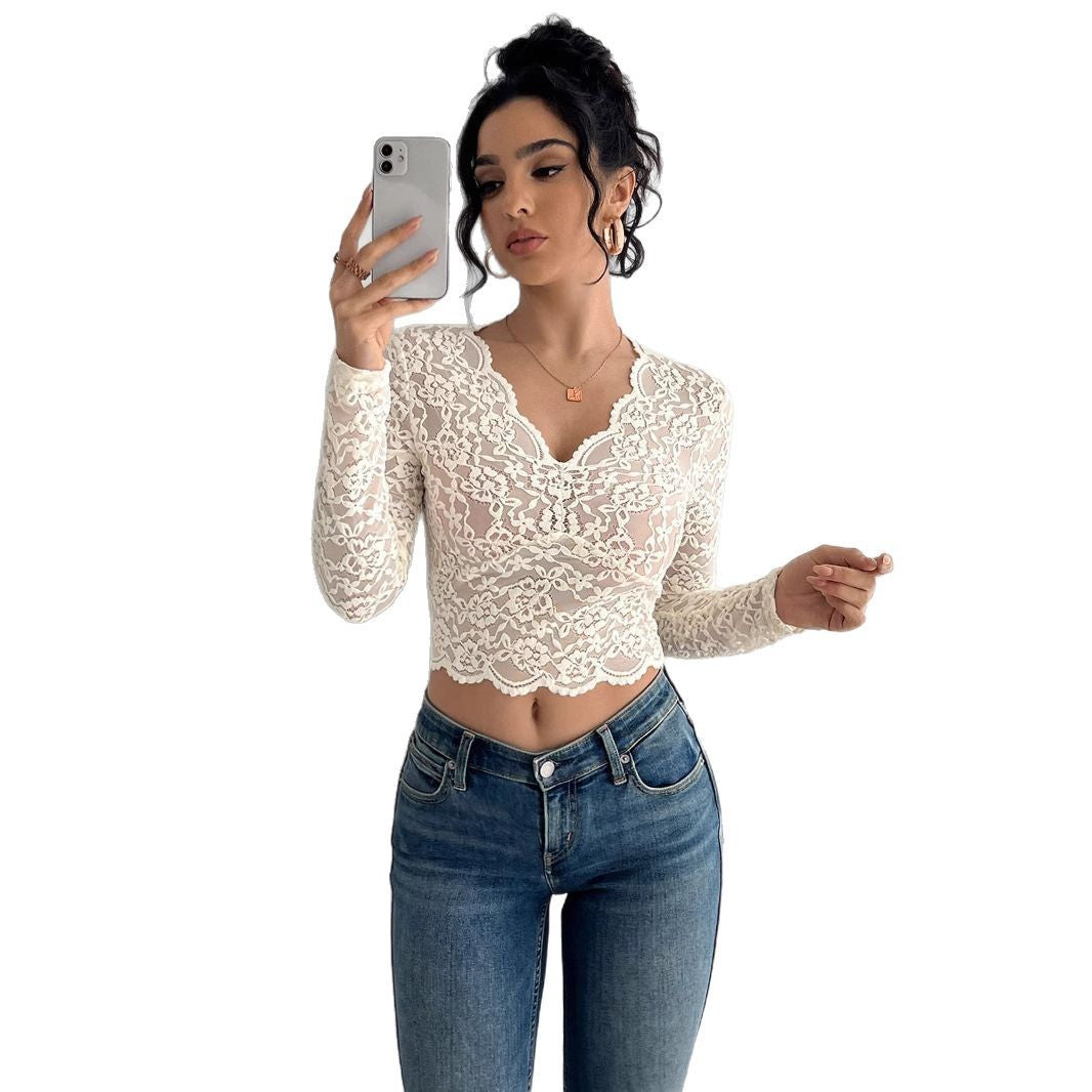 Solid Color Sexy Lace V-neck Long Sleeve T-shirt