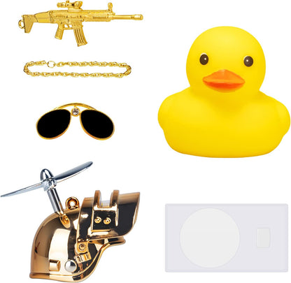 Rubber Duck Car Ornaments Cool Yellow Duck Car Dashboard Decorations Squeaky Glasses Duck with Propeller Helmet for Car Ccessories Dashboard (Y-Gold)
