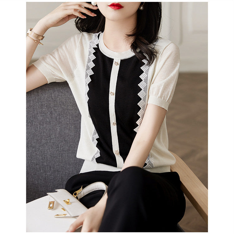Lace Edge Stitching Button Embellished Knitted Short-sleeved Shirt For Women