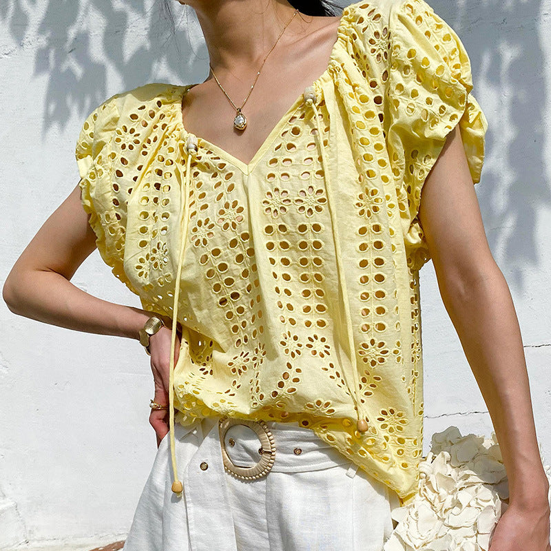 Vacation Style Embroidered Top Short Sleeve Summer French Style Design