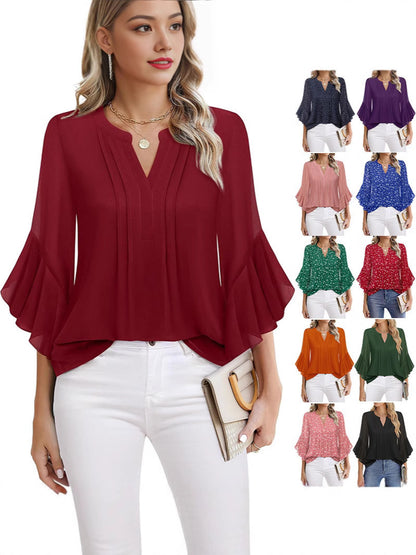 Women's Three-quarters Sleeve Tops Dressy Casual Business Work Blouses Chiffon Office Shirts