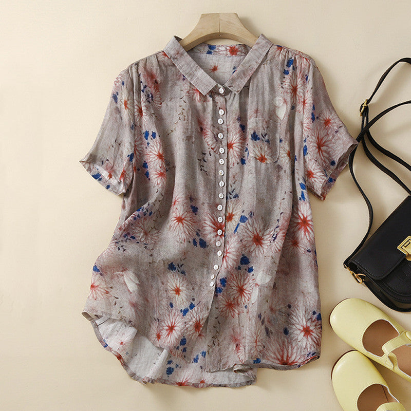 Lady Literature Ramie Short Sleeve Printed Shirt Top