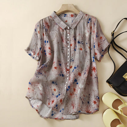 Lady Literature Ramie Short Sleeve Printed Shirt Top