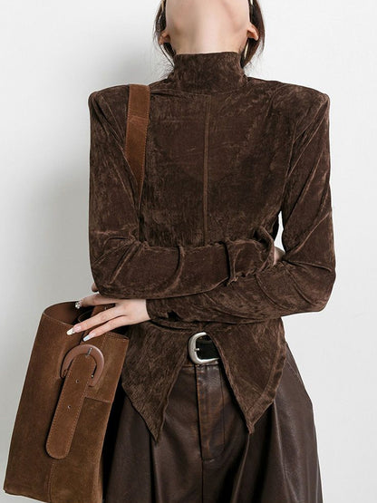 Velvet Half Turtleneck T-shirt Base Shirt Slit Hemline At Hem Solid Color Top