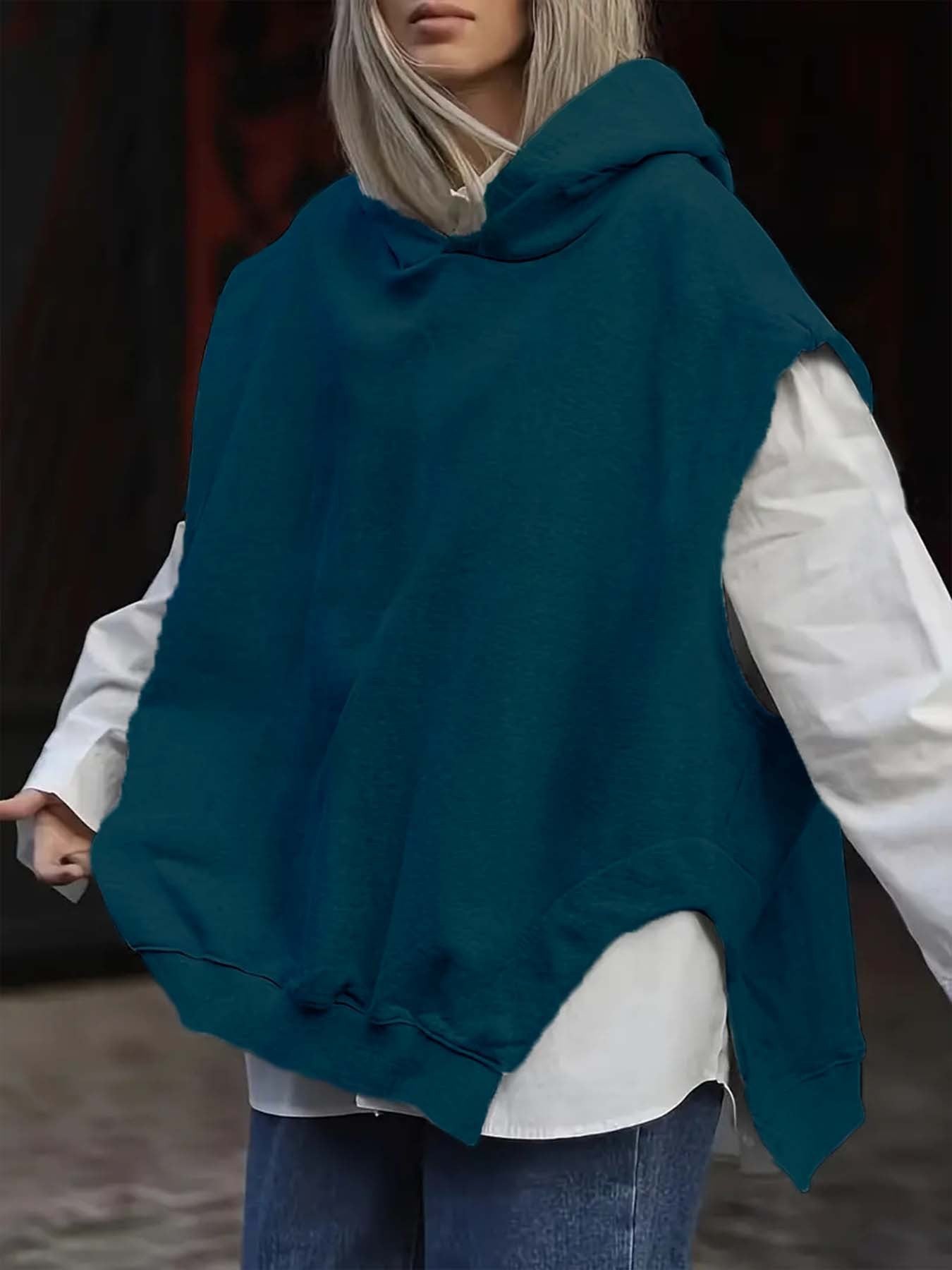 Women's Solid Color Style Loose Sleeveless Hooded Jacket Sweater