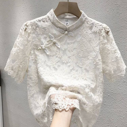 Buckle Chinese Ethnic Style Lace T-shirt Top Shirt