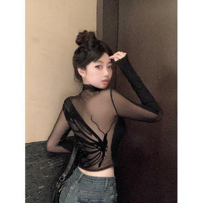 Spring And Autumn American Hot Girl Chic Mesh Short Stitching Long Sleeve