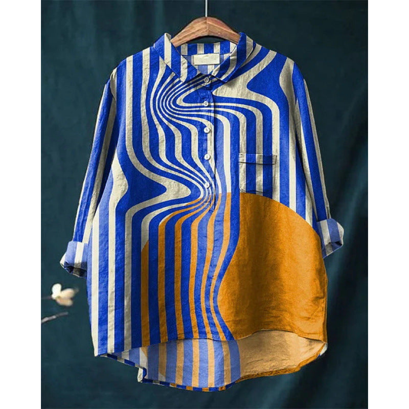 Lapel Long Sleeve Shirt Retro Line Polka Dot Top