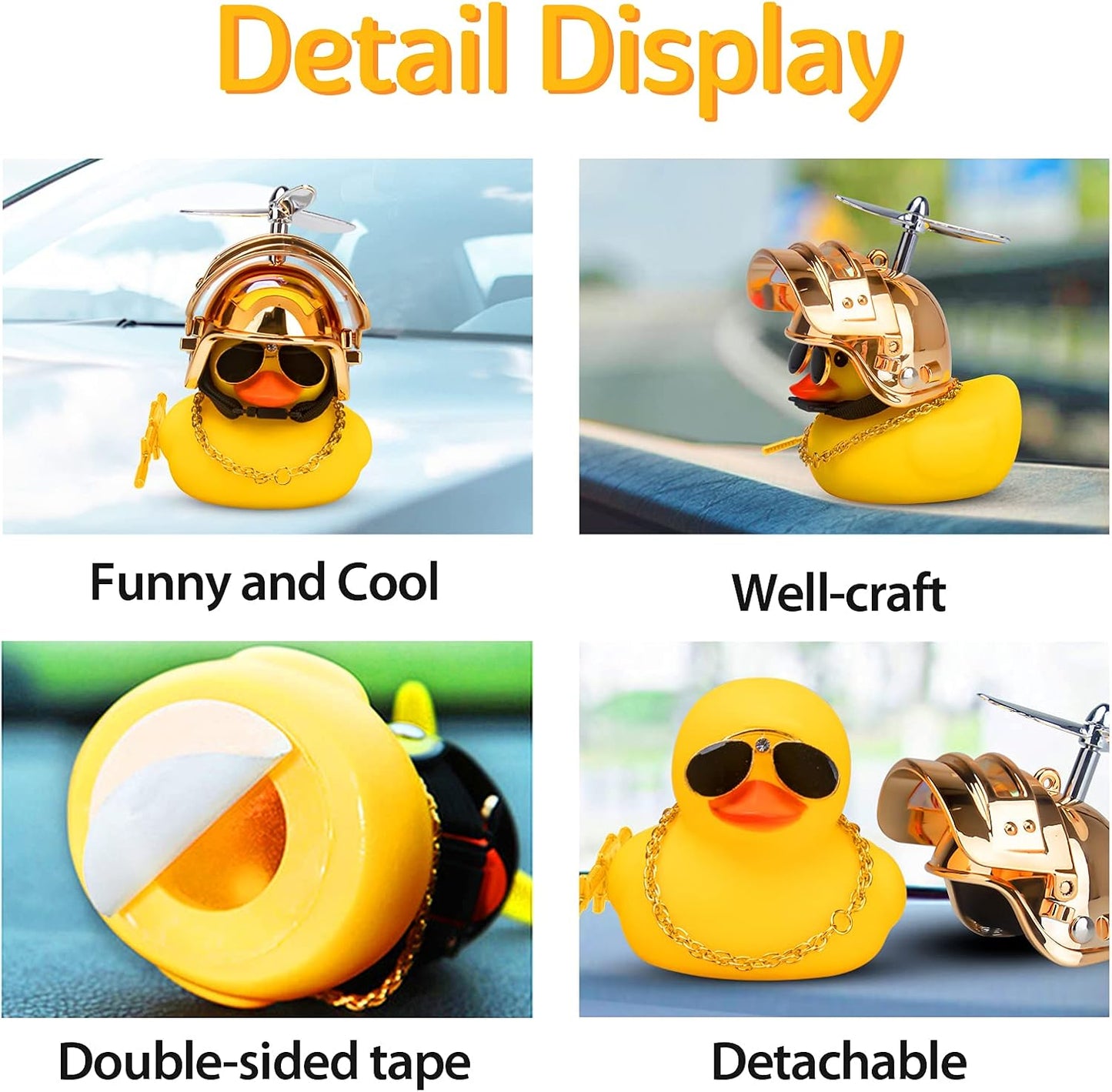 Rubber Duck Car Ornaments Cool Yellow Duck Car Dashboard Decorations Squeaky Glasses Duck with Propeller Helmet for Car Ccessories Dashboard (Y-Gold)
