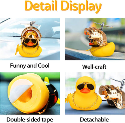 Rubber Duck Car Ornaments Cool Yellow Duck Car Dashboard Decorations Squeaky Glasses Duck with Propeller Helmet for Car Ccessories Dashboard (Y-Gold)