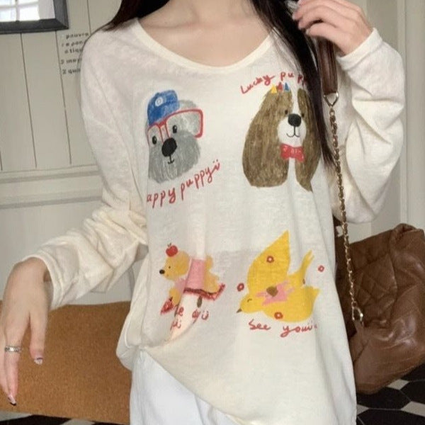 Cartoon Printed Cute Dog Long Sleeve T-shirt Loose