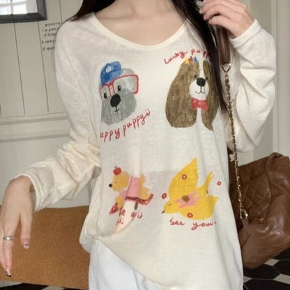 Cartoon Printed Cute Dog Long Sleeve T-shirt Loose