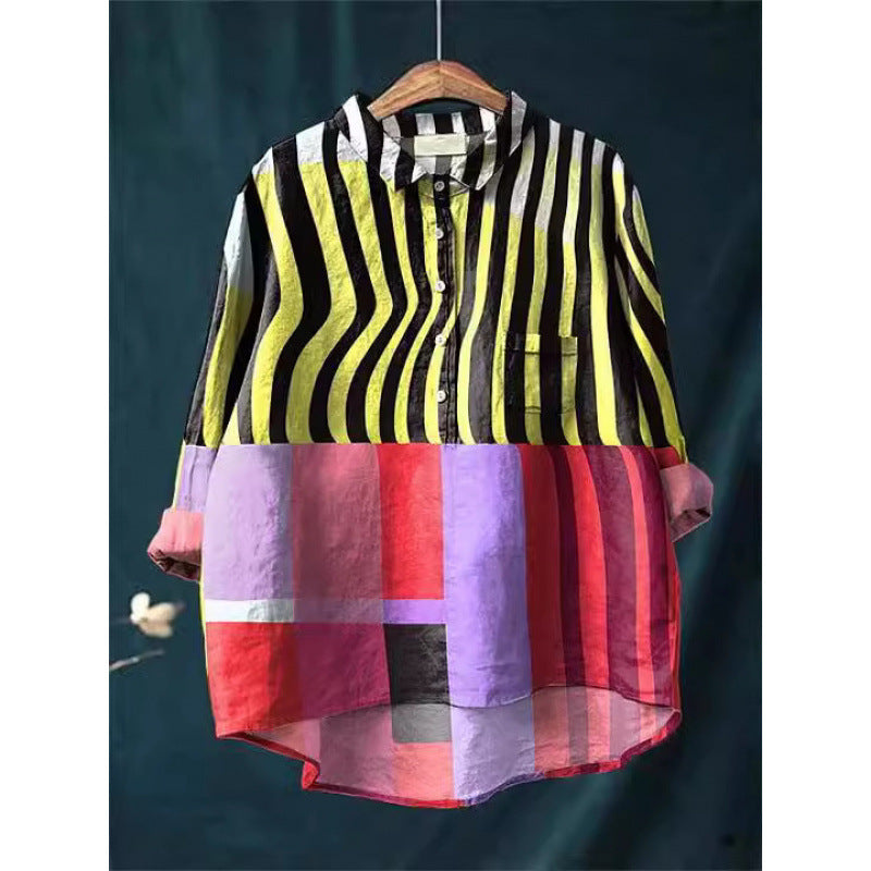 Lapel Long Sleeve Shirt Retro Line Polka Dot Top