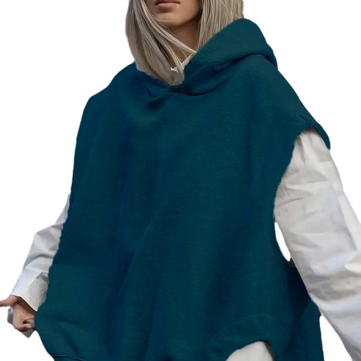 Women's Solid Color Style Loose Sleeveless Hooded Jacket Sweater