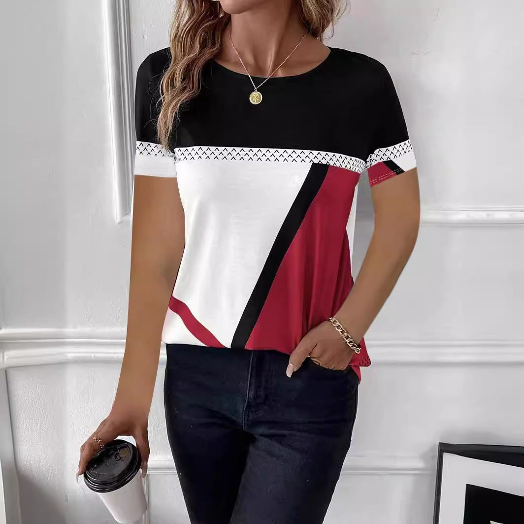 Women's Multi-color Digital Multicolor Printing Geometric Printed Short-sleeved T-shirt