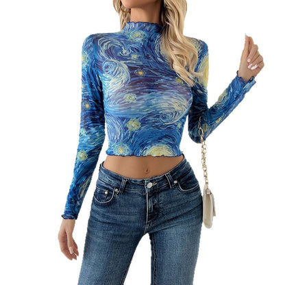 Blue Printed Small Stand Collar Starry Sky Mesh Short T-shirt